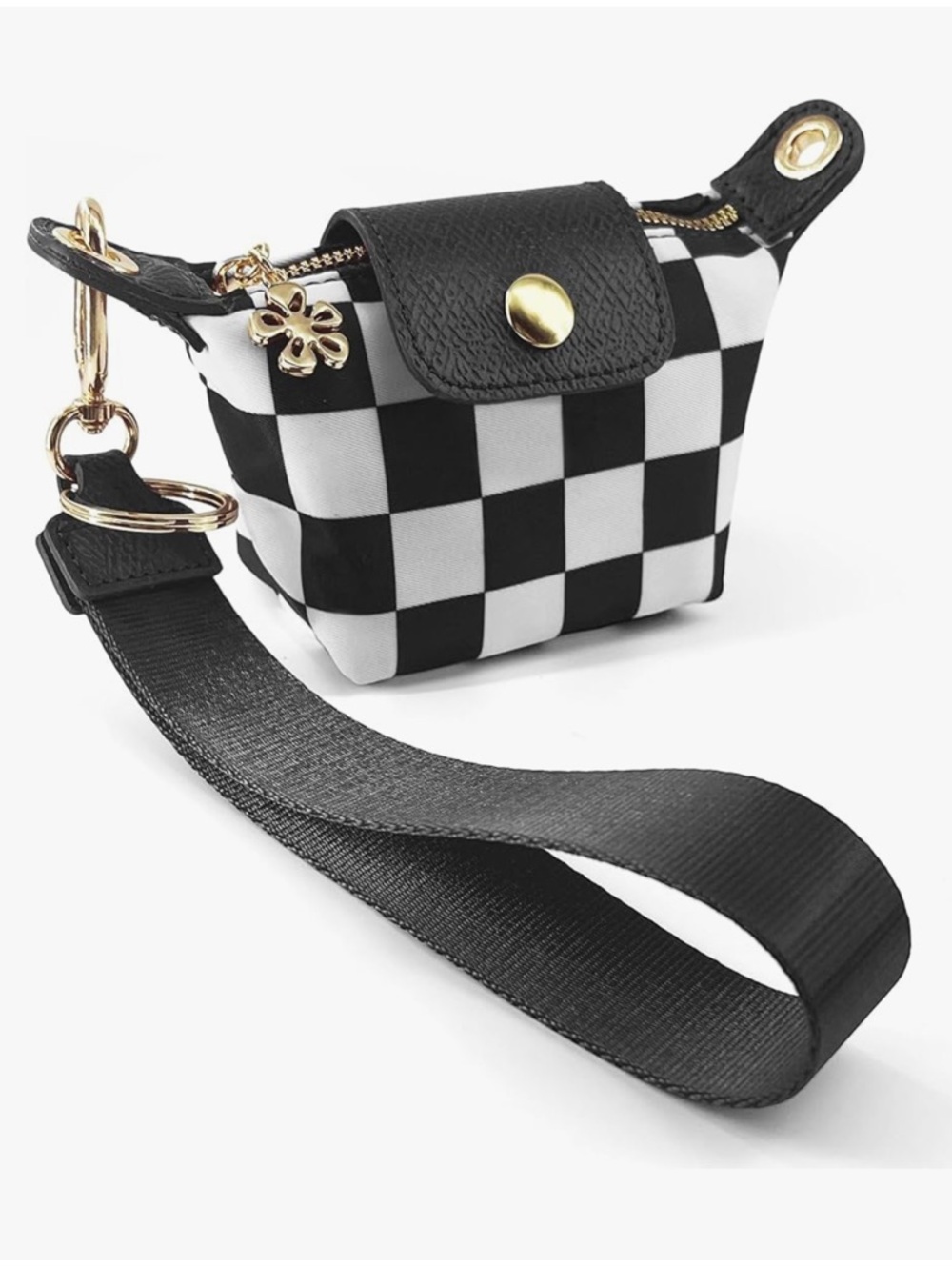 Black & White Checkered Wristlet‎ Pouch - Detachable Strap